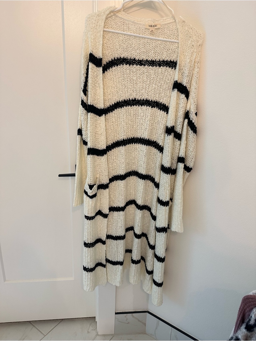 Open-Front Cream and Black Striped Longline Cardigan